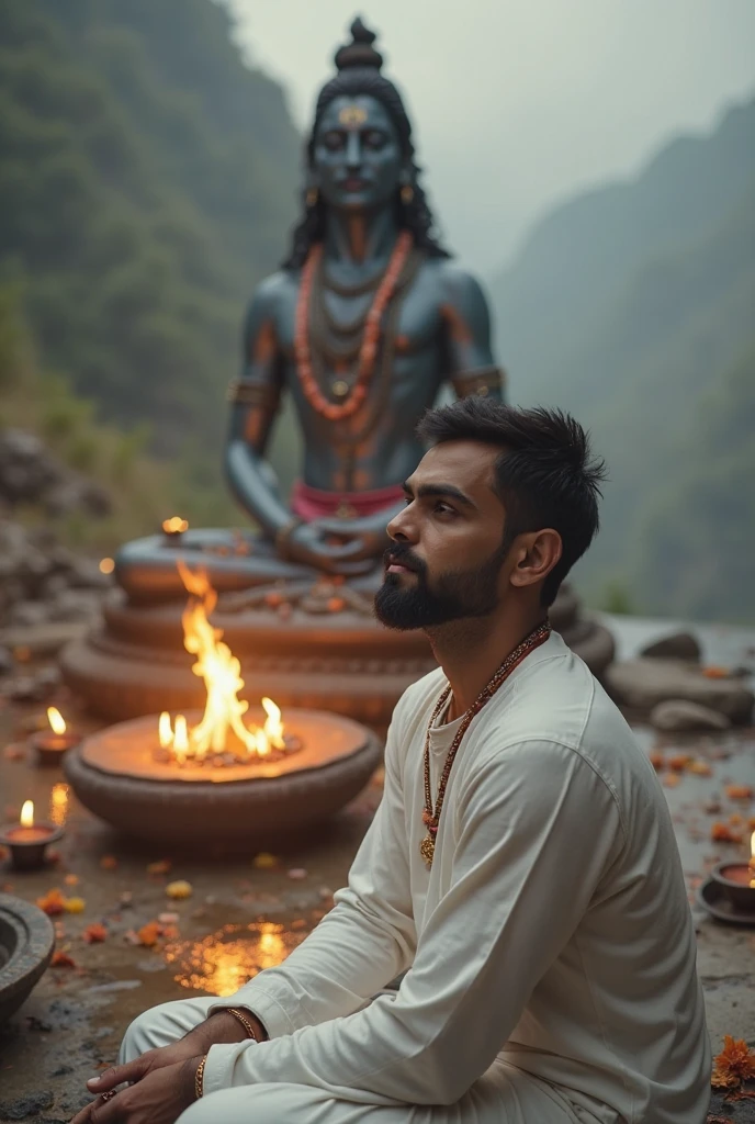 A 20 years old boy, is seated and praying in front of a Shivling adorned with flowers and belpata (green leaves). Behind him, there's a Statue of Lord Shiva. The boy is wearing a saffron kurta on which name "VISHWAS" written clearly , have stylish hair , have beard and mustache and look very cute, enhancing the spiritual or religious ambiance, background features with hills, sunrise.