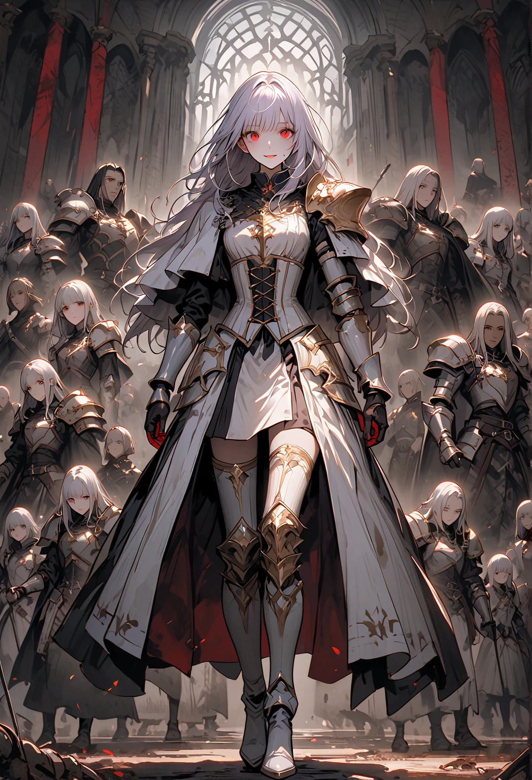 a expressive woman with eyes and long hair, Warhammer universe, anime design, wearing military lord captain garment, with grim dark elements, in a detailed darkened infrastructure backdrop, surrounded by civilians, evil chains