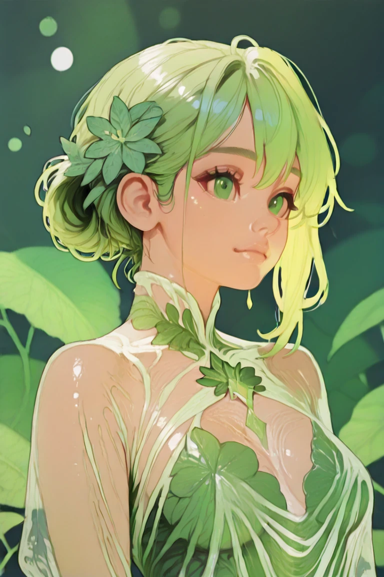 An anime character with green skin, (((green skin))), 35-year-old woman, elf ears, sea creature, scales, coming out of the water, minimal clothes, tiny thong, green hair, bare thigh, navel banding on the breasts, perfect body, large breasts, sexy pose, coming out of the water