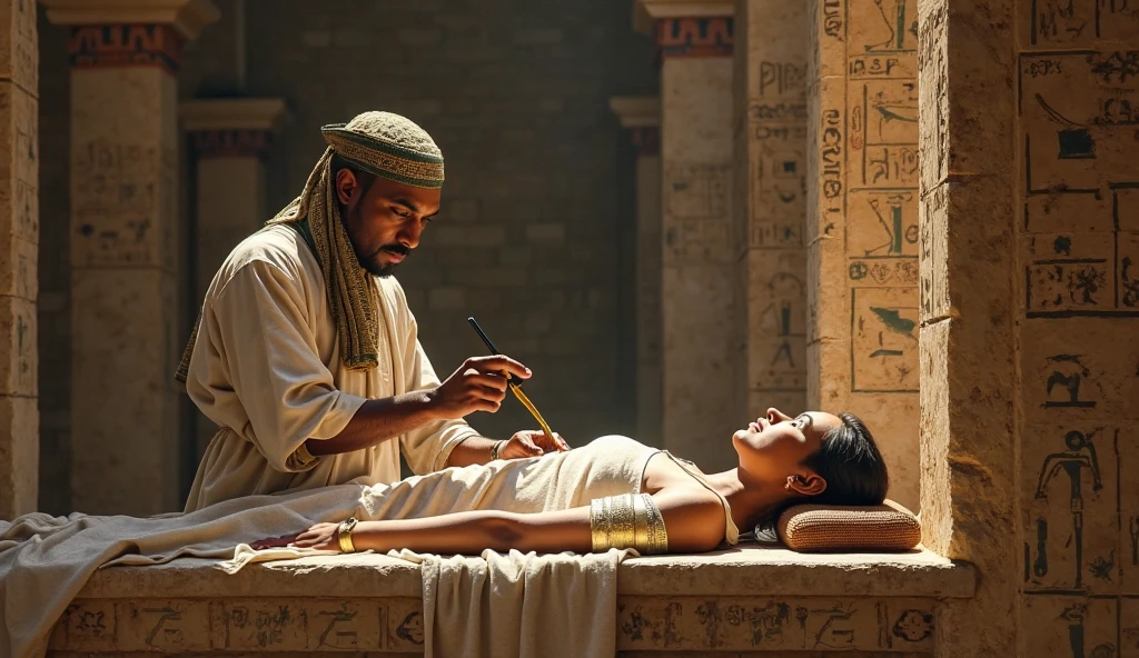 in ancient egypt, in tomb room, pharaoh lying down, priest mummifying, cinematic, realistic, 4k