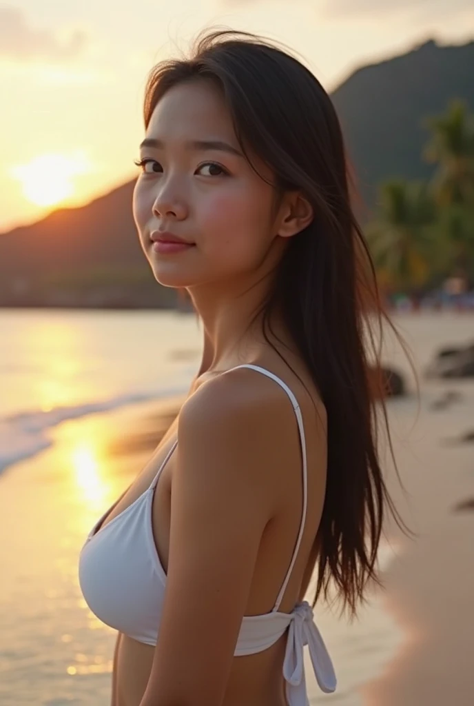 a hyper realistic beautiful and tall Asian woman wearing tank top with a faint smile expression, Slightly Overweight, Cirebon beach view as background, afternoon, sunset, sky, HD