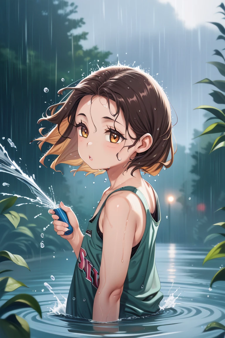 beautiful girl、、Off the shoulder、White T-shirt、Wet、See-through、slouch、Chest、Flat Chest、garden、smile、Spraying water with a hose
