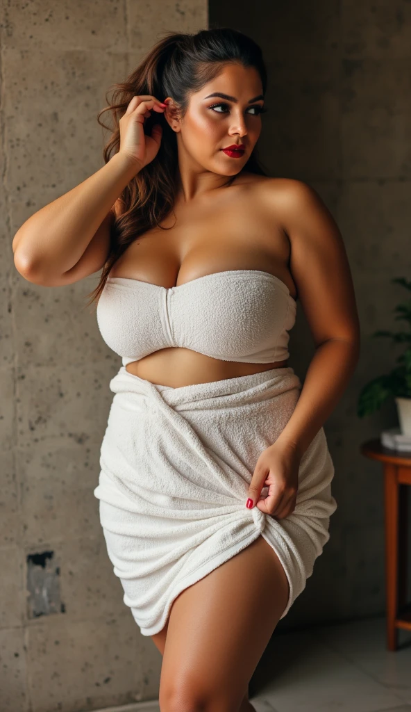 30 year old beautiful Bengali sexy plus size figure mature woman with fair skin color (wearing towel, inside_sauna:1.3), Overhead camera, sharp focus, handsome,plump legs, skinny,professional lighting,,rendered eyes,tall body, woman,hair ornament,instagram most viewed,official wallpaper, , half-closed eyes,building,wet hair and oily skin, standing on beautiful bathroom low lighting in night , seductive, side bun hairstyle, bright eyes, thin eyebrows, blushing cheeks, curvy plus size model, big m-cup breasts, ovel cleavage, lustful eye contact, seductive smile, high detail, feminine facial features, fat, slender, high resolution, real girl, realistic, soft lighting, day, smile, dramatic lighting, smile, fair skin, white towel, sexy pose, beautiful modern bathroom, head to thigh view, eye contact,