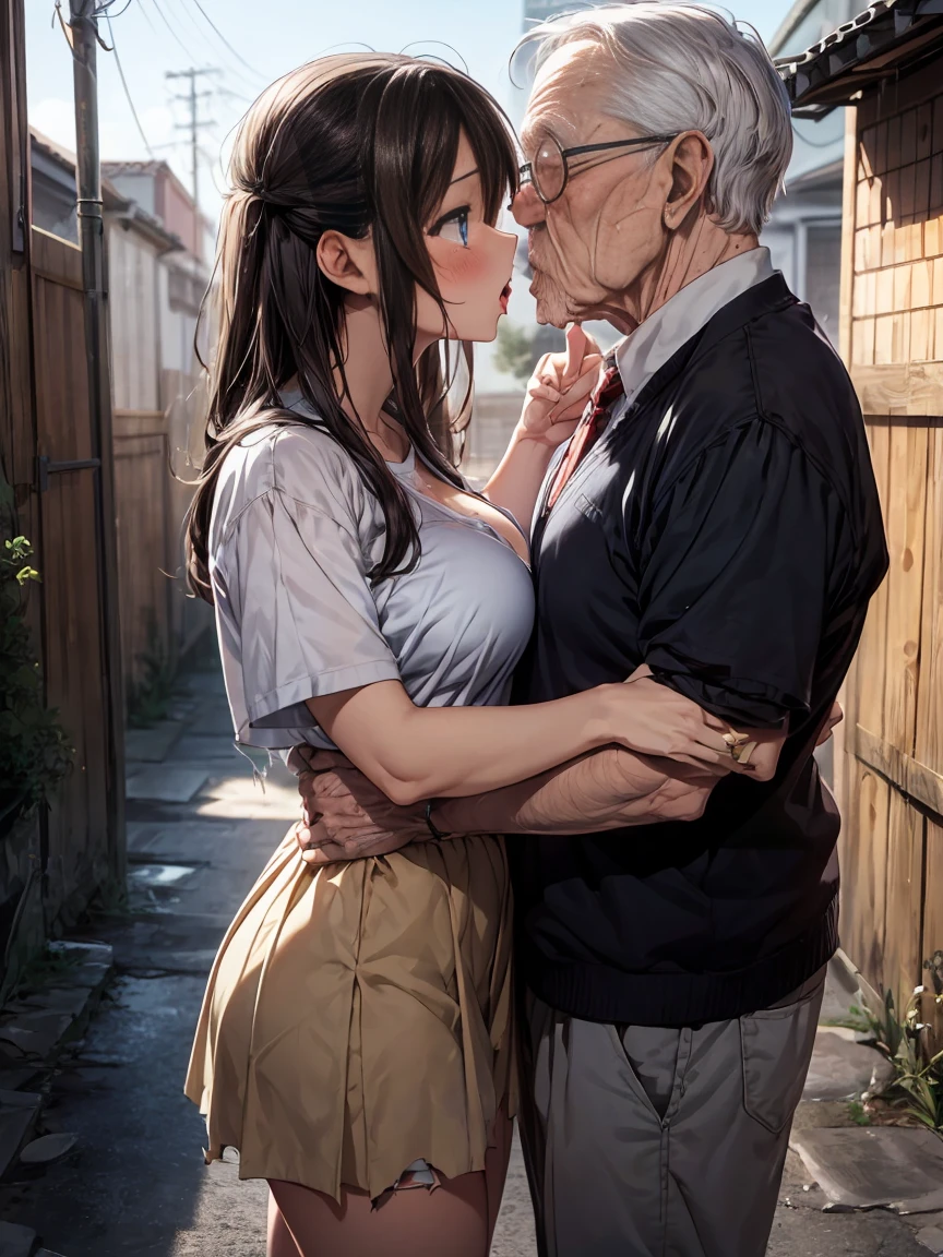 NSFW, (((Obra maestra, La mejor calidad, realistic photograph))), (piel brillante), (hiper HD, Fondo de pantalla de 8k, High resolution), Perfect anatomy, cinematic lighting, physically based representation, Premiado, Piel extremadamente detallada, Cara extra detallada, ojos con hermosos detalles, Carl Zeiss 85 mm F/1.4, (1 man and 1 girl, pareja:1.5), Cute 16-year-old Japanese schoolgirl, Sit in the chair, (cabello negro, corte bob corto, brown eyes, cara redonda), senos medianos, Camisa escolar mojada con cinta, Elevador de falda plisado azul marino, Calcetines altos azul marino, (Rubor nasal, travieso, Ojos medio tapados, drooling), piernas abiertas, Enfoque de los muslos, in the classroom, Hora azul, (Una persona es un anciano, An old man holds the girl from behind:1.5), Un anciano con traje, (An old man touches a girl's panties:1.5), [Toma de cuerpo completo], Disparo desde abajo, un anciano folla a la chica, old man  girl, old man cum inside in girl,
