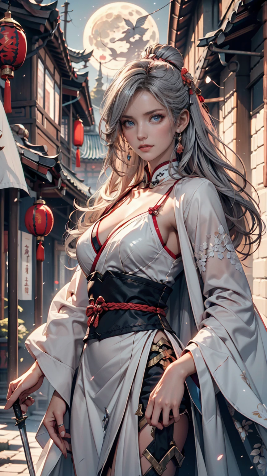 masterpiece, Highest, night, full moon, 1 female, Mature Woman, Chinese style, ancient China, sister, Royal Sister, Cold Face, Expressionless, A woman with long silvery white hair, Pale pink lips, Calm, intellectual, Three belts, Gray Hitomi, assassin, dagger, Flower ball background, Street view