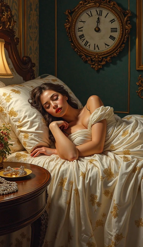 Une image réaliste et très précise d'une femme andalouse, dormant sur un canapé en bois et peau de tigre , ses pied nus , . Elle ressemble à un tableau du peintre Jean-Léon Gérôme, datant de 1550. Elle tient une plume d'autruche à la main. Il y a une assiette de fruits près d'elle. image cinématique