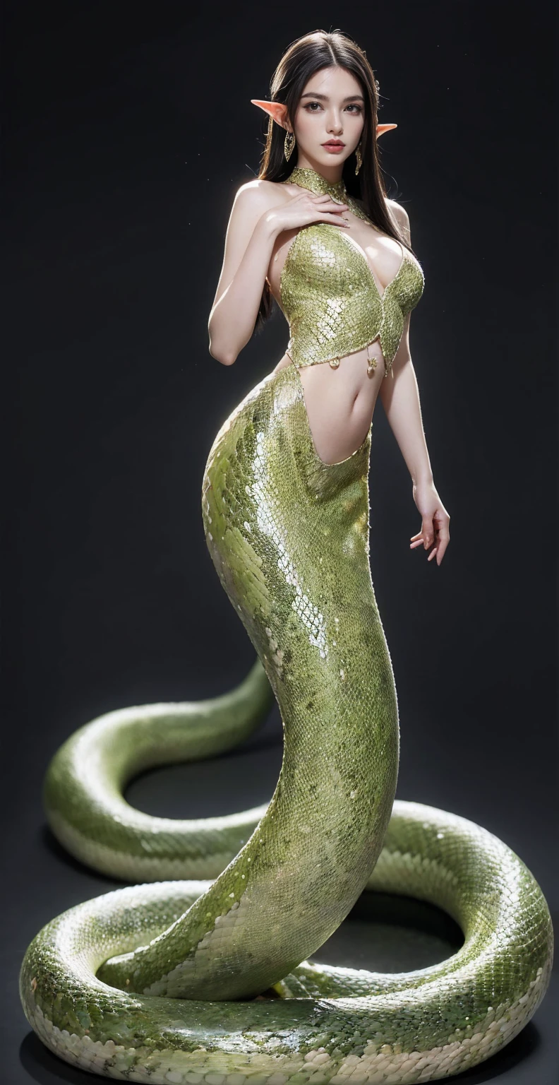 ((masterpiece,best quality,Ultra-clear,original photo,Extremely detailed CG,8K)),Lamia,(Slender snake tail:1.3),Beautiful elf girl,long hair,Detailed snake eyes,Detailed face,Detailed hands,Smooth and delicate skin,skin glow,(Big breasts and thin waist),beautiful snake scales,High resolution,(super detailed:1.4),(lifelike:1.2),imagine,full-body shot