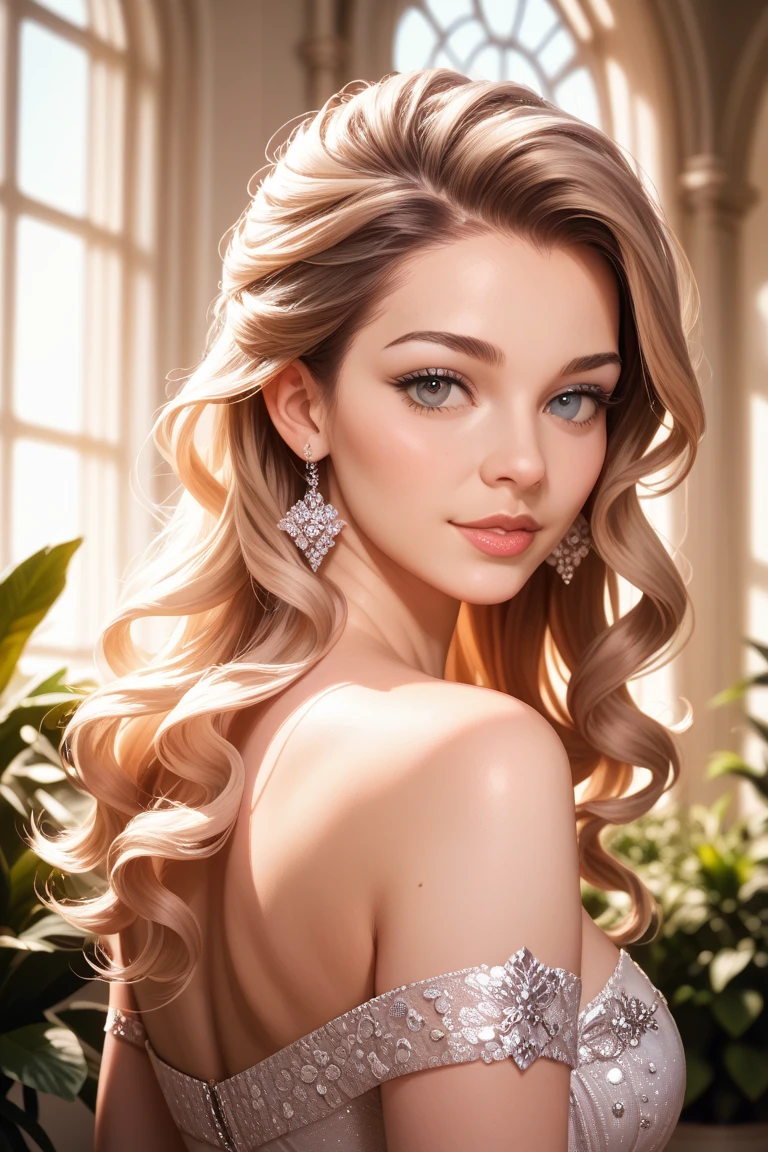 ((Create a detailed work of art)), featuring a stunning woman with a perfect face,((beautiful woman)), her skin lightly tanned with a pearlescent glow. Her eyes are clear and sharp, framed by meticulously detailed eyebrows and long, lush lashes. Her lips are plump and shiny, highlighted with lip gloss and mascara. ((Her flowing hair, adorned with colorful glitters)), shines with colorful, iridescent shine, cascading gracefully. ((She is dressed in a luxurious ball gown made of organza)), elegantly draped over her shoulders, with lace applications of golden threads and iridescent sparkles. splashes of light all around her.(((Her entire body radiates elegance embodying the grace of a beauty queen)).((She is in a bright and opulent ballroom)), surrounded by vibrant flowers.