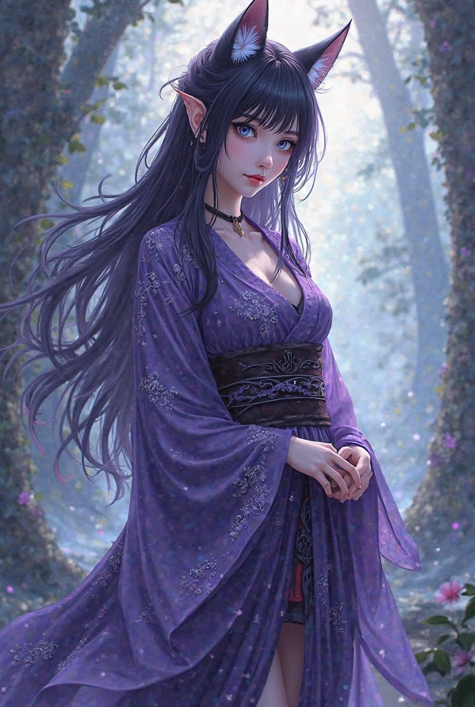 beautiful, (masterpiece: 1.2), (best quality: 1.2), perfect eyes, perfect face, perfect lighting, (1girl), purple black hair, curly bangs, blunt bangs, hair bow, loose hair, pointed chin, flowery dress, upper body focus, hell background, forest background