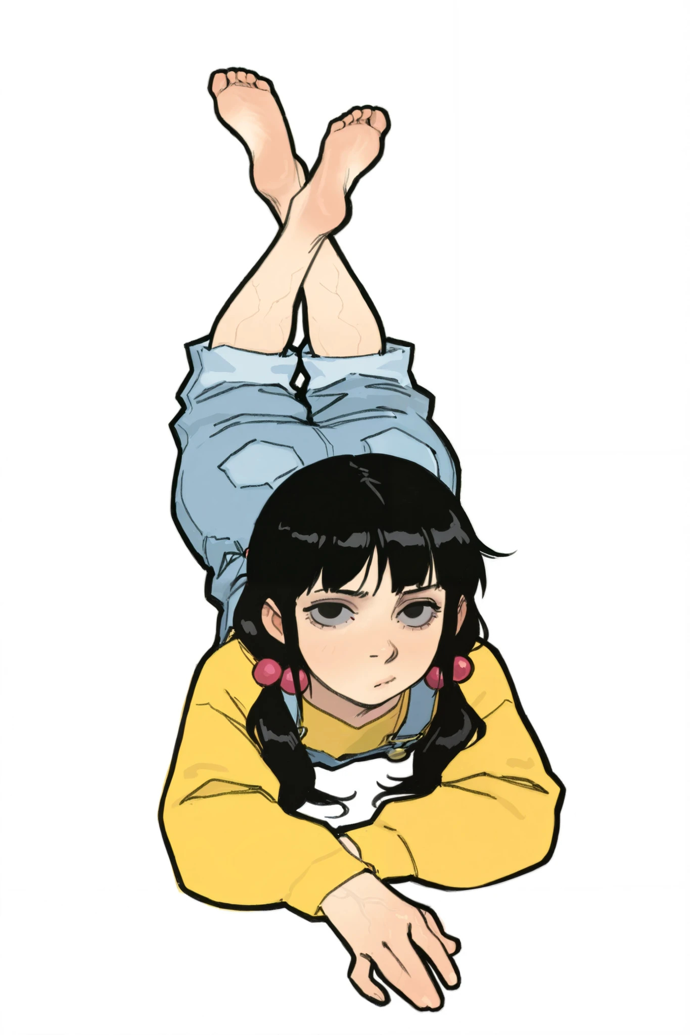 HDR, 8K, high contrast, masterpiece, best quality, amazing quality, very aesthetic, anime artstyle, realistic, hentai art, newest, (artist:incase:0.5), (artist:tsuaii:0.5) , photo background, real world location
BREAK
bounce light, hyperdetailed, veins, detailed hair strands, detailed fibers,
1girl, solo, long hair, looking at viewer, simple background, shirt, black hair, hair ornament, white background, twintails, full body, lying, barefoot, black eyes, low twintails, on stomach, hair bobbles, legs up, overalls, the pose