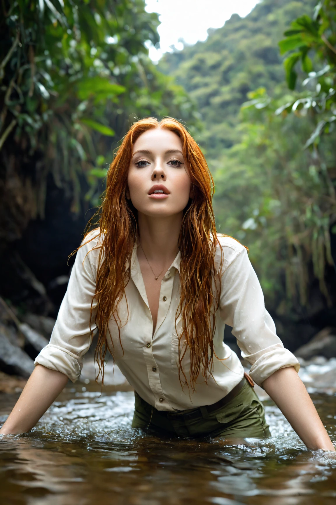 (background blur:1.5) blurring.  stunning 2 European woman with fiery, curly red hair that cascades down in voluminous waves, adding a touch of wild elegance to her appearance. Her large, expressive light gray eyes are the focal point of her face, radiating a blend of tenderness and seduction, drawing viewers in with their depth and charm. Her skin has a fair, slightly sun-kissed glow, complementing her vibrant hair. She has a fit, healthy body with toned muscles, and her figure is curvaceous, featuring a large, firm bust, wide, shapely hips, and round, firm glutes that highlight her athleticism and femininity. She is posing confidently while hiking along a scenic trail surrounded by lush greenery. She’s dressed in practical yet stylish outdoor gear, including a backpack and sturdy hiking boots. The trail winds through a forest with tall trees and dappled sunlight filtering through the leaves. The woman’s expression is determined and focused, capturing her connection with nature and the joy of exploration. The background showcases the beauty of the wilderness, with rolling hills or distant mountains adding depth to the scene. Her posture is strong and confident, embodying the spirit of adventure. [[Realista]],(piel brillante),(obra maestra:1.4),(ultra high res.photorealistic:.1.4UHD)(high contrast)