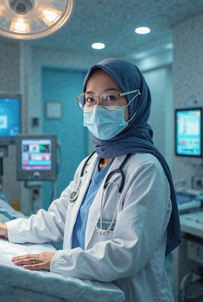 56 years Old, Hijab Indonesian mature woman, Big : 34.9, Gamis, curvy body, Breast about To burst out from her clothes, at doctor office, Dark light, at Nighttime.