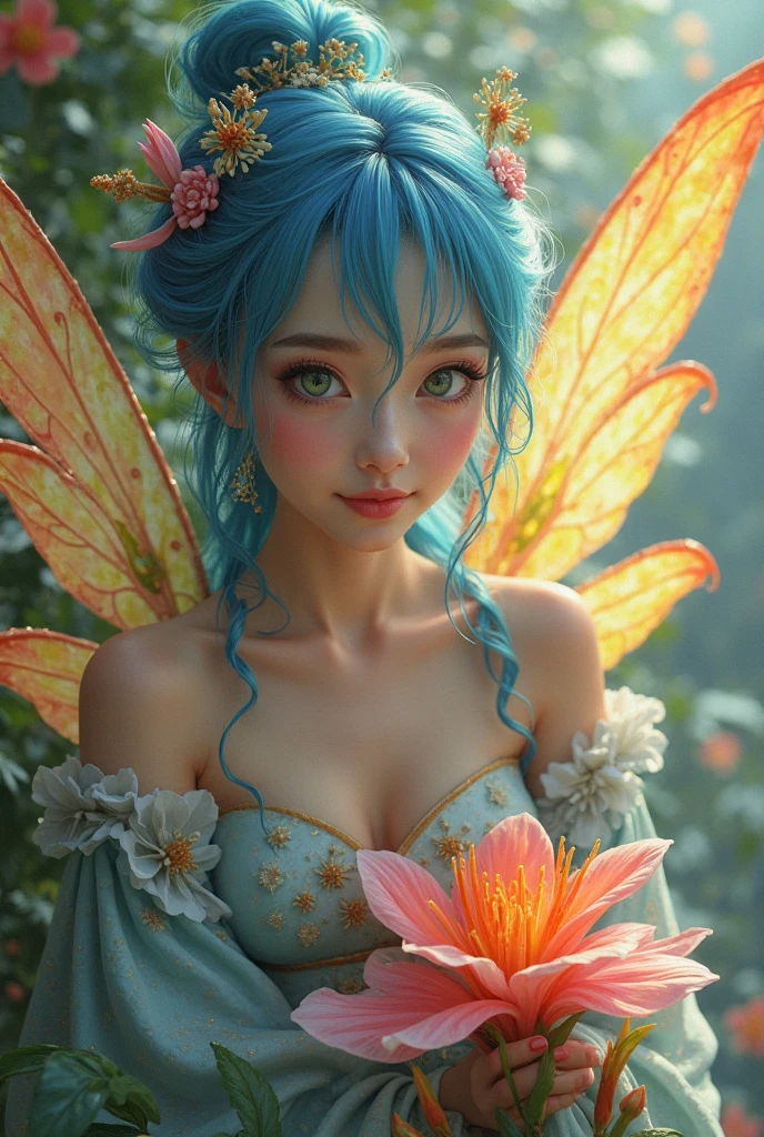 Butterfly princess with blue wings ,blue hairs,Big blue eyes,Blue eyelashes,Blue lips,Cute little girl,Moe,Background grass,8K, super detailing, best qualtiy, hyper HD, retinas, textureskin