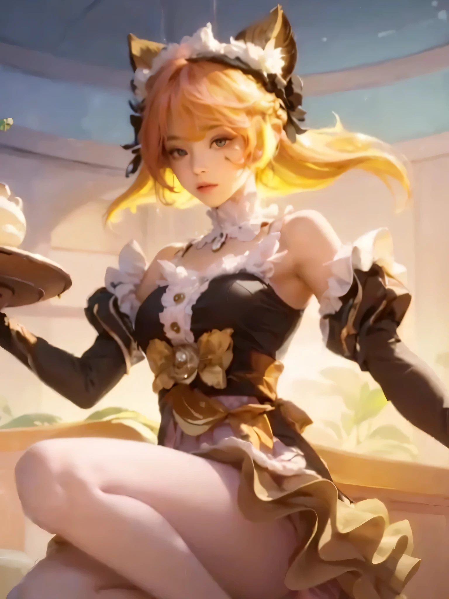 2D animation style, expressive style , 1girl, large breasts, nsfw,, lace gloves, upper body, tongue out, (ahegao), short hair, bob cut, blonde hair, bangs, red hair ribbon, red eyes, (masterpiece, best quality, ultra-detailed, highres, absurdres), (sidelighting, lustrous skin, finely detailed beautiful eyes), large breasts, spread legs,, topless, lace gloves, lying, lace trim, ((panties)), pantyhouse, bloom, (shine), lighting, snow, restaurant, red_ribbon, hair ornament,