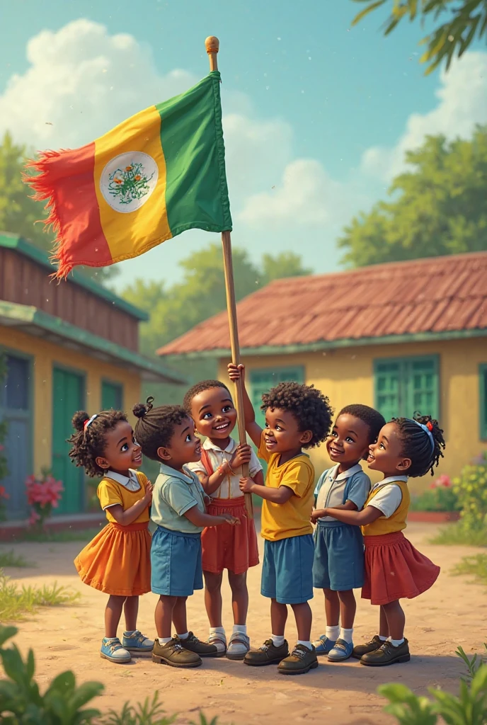 high quality cartoon reality, my African children are in a school class celebrating the national day with flags flying