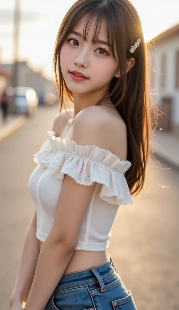 high detal,8K分辨率,超高分辨率,Young beautiful girl slightly fat,((waist-up)) ,full bodyesbian,A cute girl,long whitr hair,Bright and clear eyes,(voluminous hair,鎖骨,Exquisite and perfect facial features, the most beautiful big eyes,Long eyelashes,Wear a lace suspender bandeau top,Puffy skirt,,Crop topping,sweet eyes,ssmile),dynamic angle,Extreme picture quality,Highest accuracy,Precise and perfect human anatomy,with blue sky and white clouds,On the beautiful seaside,sandbeach。