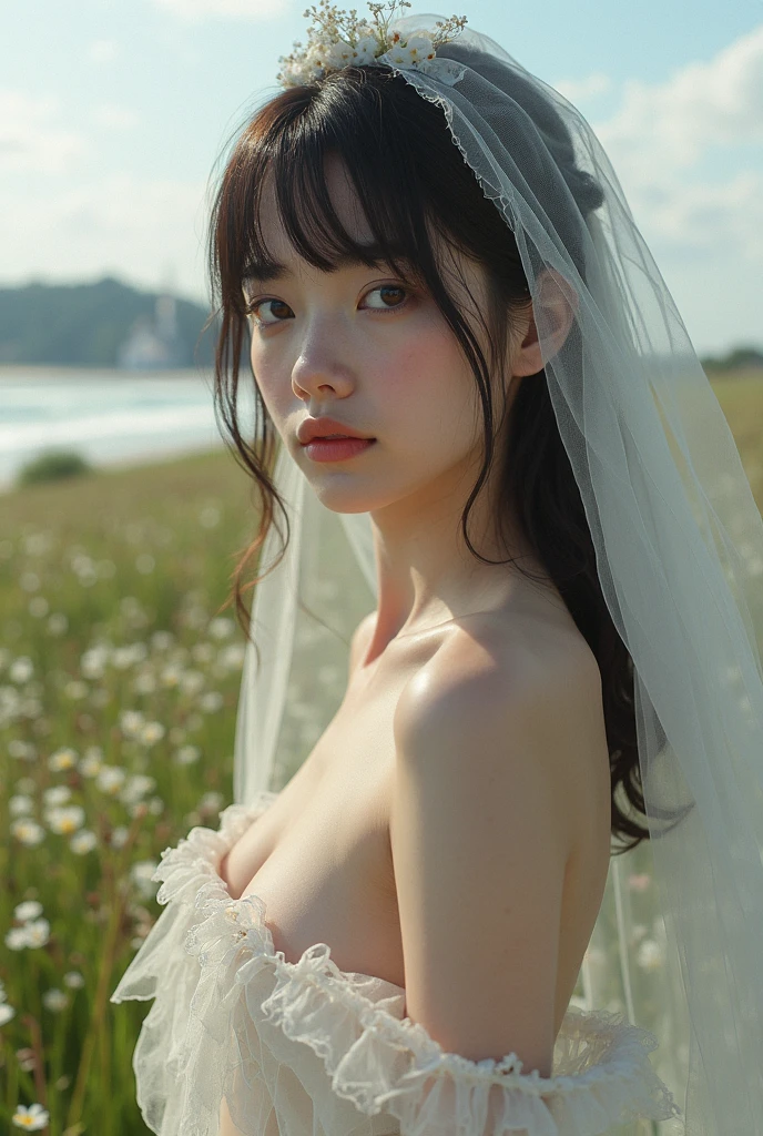 best quality,detailed beautiful skin,1 girl,long curly hair,bangs,brown hair,smile,medium breasts,bust up shot,face to face,full body,from below,Hair blowing in the wind,nude,wedding veil,