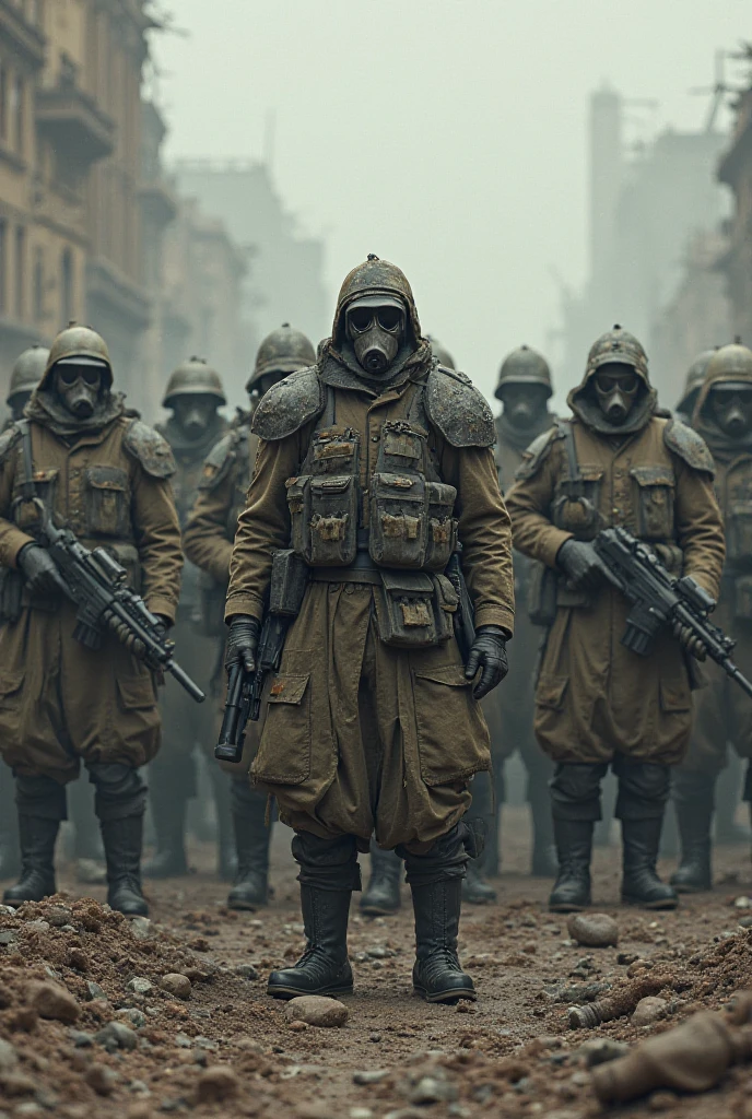 An army in formation, There are more than 20,000 soldados, Ele usa um manto verde, and wear a gas mask, e seguram um fuzil futurista, realista, 8k