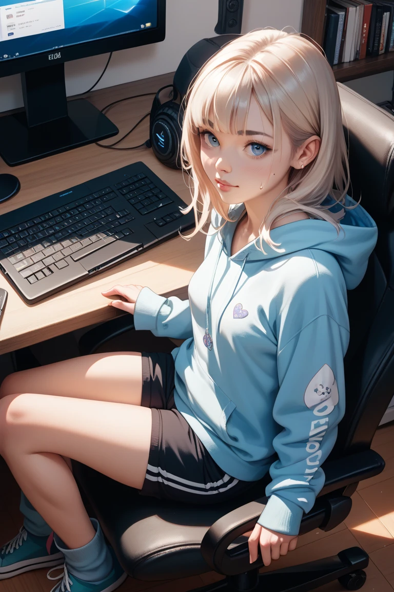 masterpiece 最hightquality hightquality One pretty woman ssmile Energy drinks gamingroom darkened room Monitor Light inside in room parka checked skirt Medium Hair Game Distributor Gaming Chair sitting on
