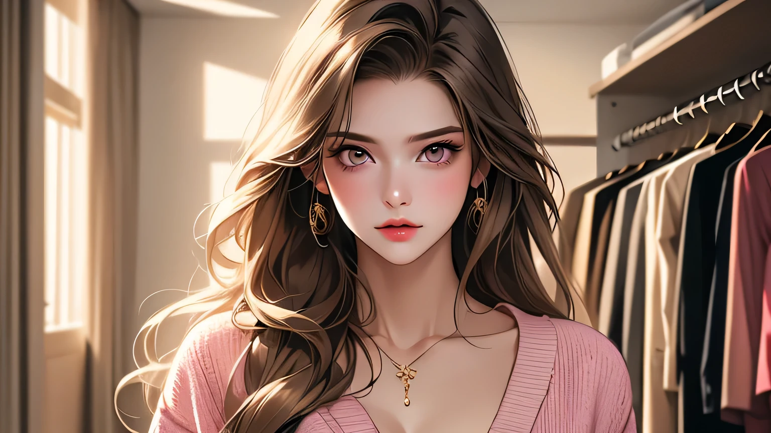 Girl, long light brown hair, gray eyes, cold features, white skin, pink lips, T-shirt sleeves