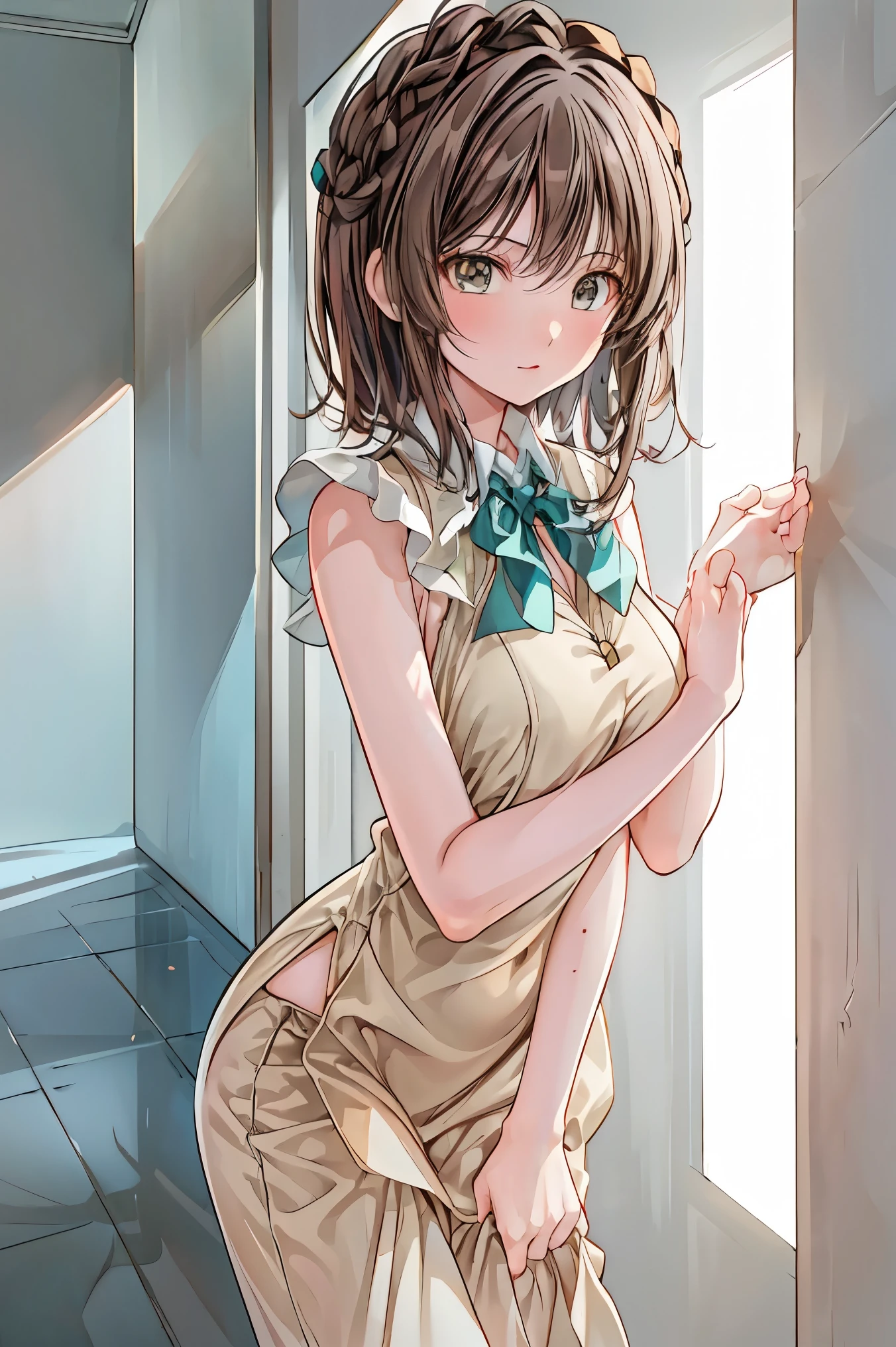 (1 girl), Little,messy hair, brown bob hair,,(rape face),, masterpiece, highest quality, ultra high resolution, 8k, professional lighting, photon mapping,,low saturation,Front view, full length, realistic background, shallow depth of field, perfect anatomy,,((cute:1.8)),((10 years old:1.5))、(corridor:1.5)、1 girl,(cute:1.8), perfect face, seriously,(nose blush)、(small breasts:1.8),10 years old,(Maid clothes:1.3),(camel toe:1.2),(flat chest:1.5),(clothing lift:1.5),(bottomless),(asshole big anus:1.3), Detailed description vagina,Show butt hole、pain, (blush:1.5), Please think back:1.5, (open anus:1.6)、((spread your legs))