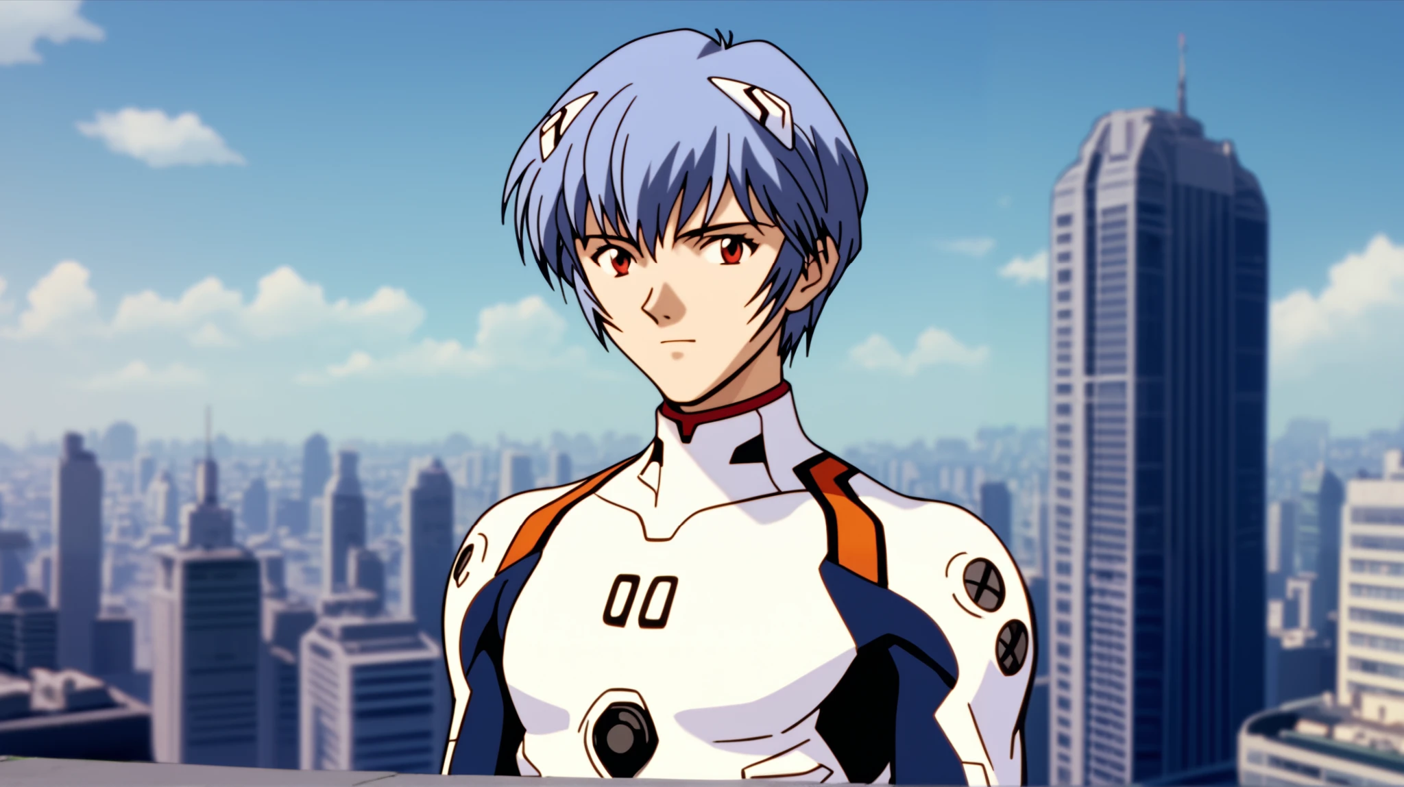 nagisa kaworu, plugsuit, male focus, 1boy, red eyes, solo, smile, bodysuit, grey hair, interface headset, looking at viewer, ikari shinji, pilot suit, crossed arms, 