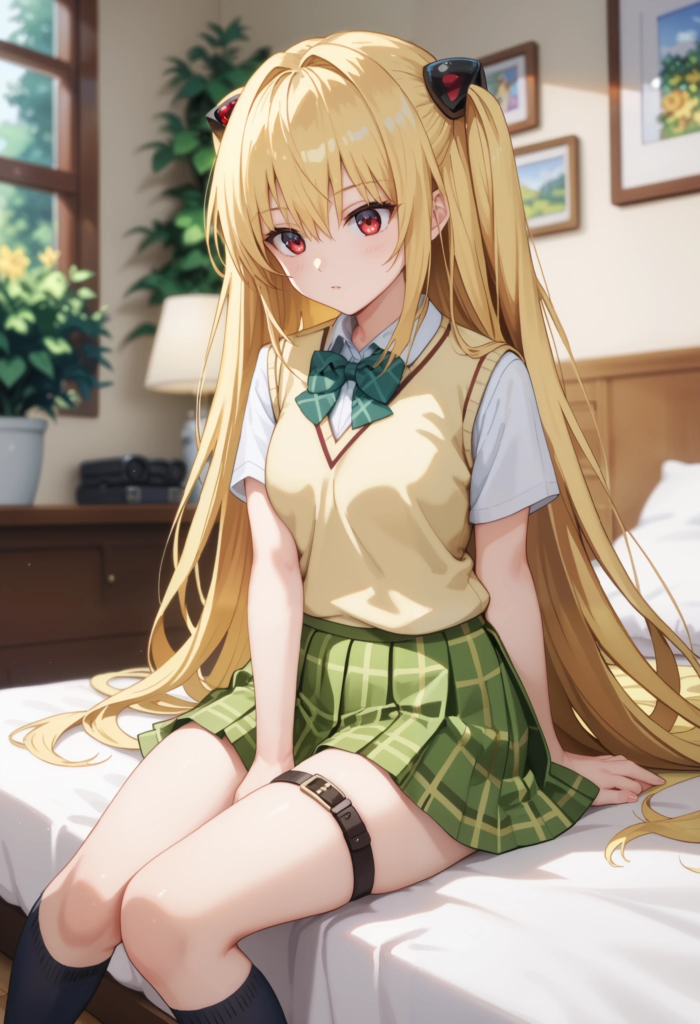Golden Darkness, very long hair,blond hair,two side up,hair ornaments close to the garden,hair incorporation, hair between eyes,bangs,red eyes, school uniform,sweater vest, yellow vest,white shirt, collared shirt, green bow tie from the side ,short sleeve,medium, chest,miniskirt, green skirt, plaid skirt,pleated skirt,thigh strap,black socks,loafers, , 魅惑的な顔, viewers, bedroom, Beautiful Scenery , Good atmosphere、stand on my knees