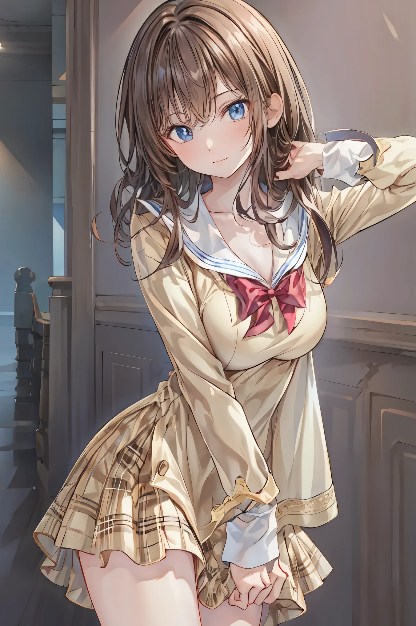 blunt bang, Hime Cut, Swift Bangs, NFS W, retina, masterpiece, accurate, textured skin, Super Detail, 解剖学的に accurate, advanced details, high quality, High Resolution, 最high quality , cute, beautiful age girl , blunt bang, curly hair, behind the back of the arm, clavicle, Thighs, thighs , school uniform, , tiny , amazing