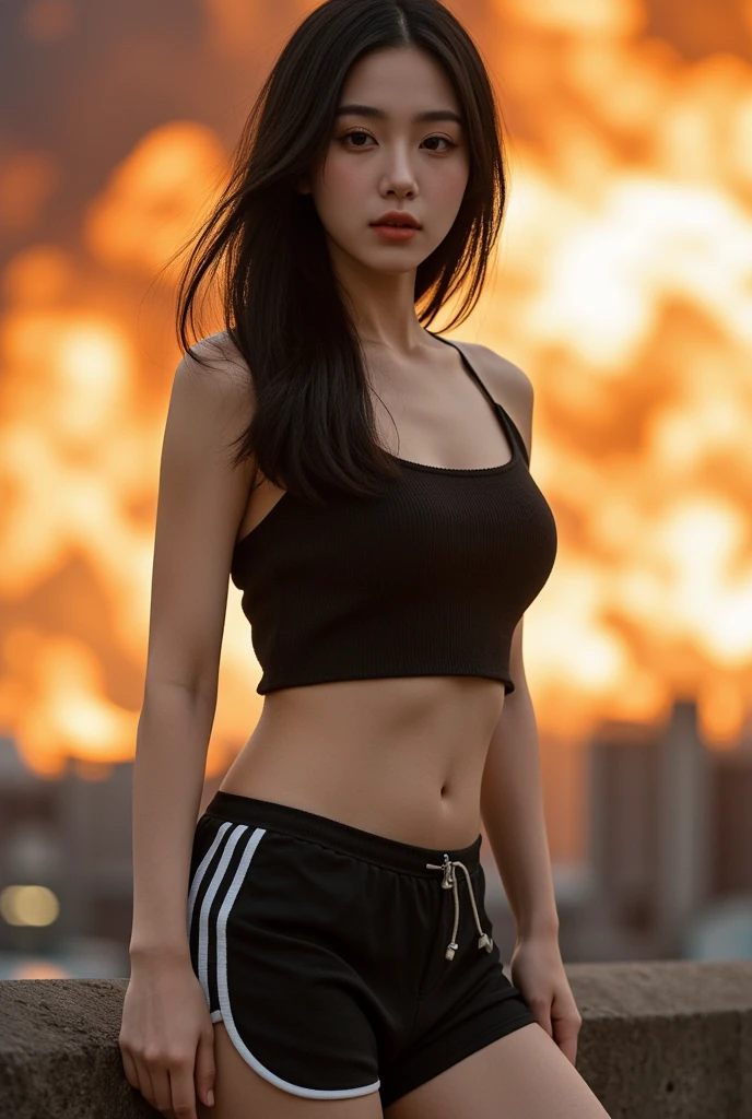 The heroine of the movie "GODZILLA Godzilla". She desperately flees from Godzilla in a devastated Los Angeles. Her hair is a mess, her clothes are dirty, her miniskirt is torn, and she runs through the rubble. Crumbling buildings, burning flames, white skin, smooth skin, stunningly beautiful face, detail, photorealistic, 8K.