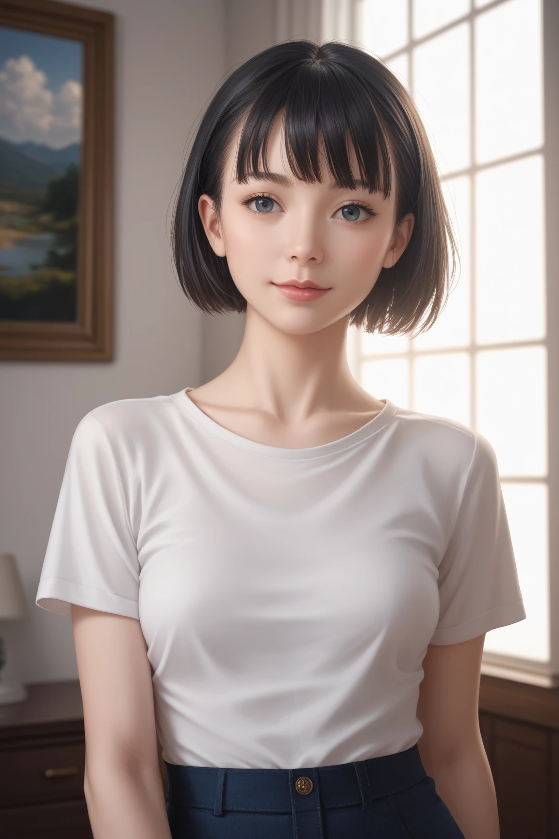 (realistic:1.5), 1girl, solo, <lora:gundou_misuzu-04:0.7>, gundou_misuzu, alternate hairstyle, single hair bun, sidelocks, japanese, teen, looking at viewer, indoors, black tank top, tank top, portrait, messy hair