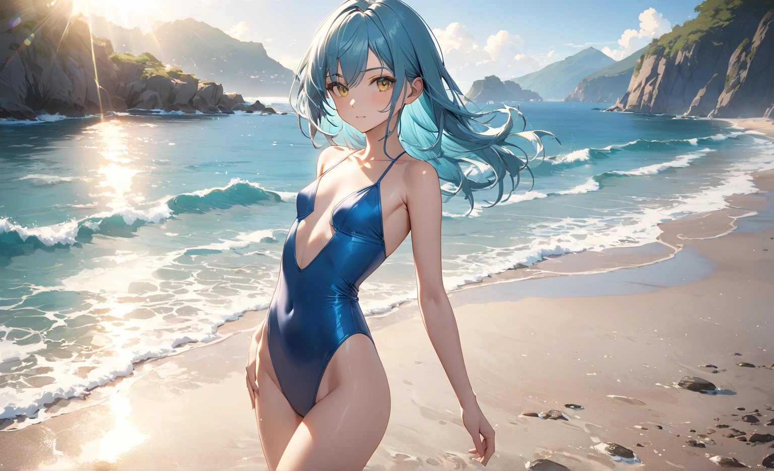 (masterpiece, best quality), photorealistic, cinematic, anime girl, vibrant, futuristic metallic two-piece swimsuit with matching visor, seaside background, 1 girl, blue hair, beachy waves hair cut, full-body shot, head to toe visibility, perfect anatomy, curvaceous body, alluring, long round legs, large breast, perfect eyes, perfect hands, standing at the water's edge with one foot slightly in front of the other, creating a confident and poised stance, the model's body language should highlight the futuristic and vibrant nature of the outfit, a bold and confident expression, with a fierce or intense gaze that complements the metallic and futuristic theme, the model's expression can reflect a sense of empowerment and self-assuredness, extremely detailed Artgem, ig model, artgem, alena aenami and artgem, krenz cushart and artgem, artgem and atey ghailan