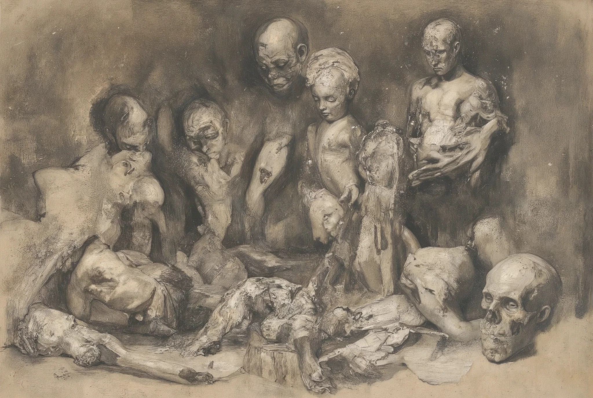 A crude sketch of a bunch of old porcelain mannequinns standing in dark basement. The basement looks dusty and long forgotten. Mannquinns are broken, their faces featureless, their heads missing or severed, lying on the basement's floor. Picture emanates with eerie and grim atmosphere. Picture is surreal and unsettling. Bold lines, grim, surreal, chaotic linework, insane, insanity, mental illness, mystic, drawing on old stained paper, crude drawing inspired by mentally insane, sharp focus, paper texture. Avoid smooth, airbrushed textures or overly clean digital lines. Do not include soft gradients or overly blended shadows that deviate from the rough, textured quality of traditional pencil sketching. Exclude bright or saturated colors, and avoid adding photorealistic textures or dynamic effects that are not typical of hand-drawn sketches