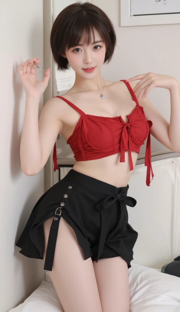 ((Photo from upper body to thigh: 1.4)), ((best soft studio lighting: 1.2)), (sexy Thai model: 1.3), photorealistic, ultra high resolution, closeup photo, (smiling face), long natural flowing hair, small breasts, (ultra detailed beautiful face), BREAK, clear sharp focus, perfect dark eyeshadow, vivid colors, (large bright sunny beach club background: 1.3), bold lipstick, lip-gloss, black sparkling jewelry, wear an off-shoulder top, ultra detailed silk choker, full bodyesbian, ((Red-black pleated mini skirt)), (ultra detailed lace-up corset (lacy red or crimson) silked), ((Versace silked bustier top)), ((lace-up)), (sexy braided hold-up tights), (-pantise), blue eyeliner, (beautiful princess with long legs and good style)