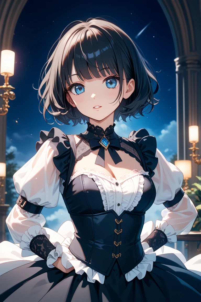 absurdres, RAW photo, extremely delicate and beautiful, masterpiece, Best Quality, ultra high resolution, 32k, hyperrealistic, ultra-detailed, perfect figure, in her 20s, very small head, very small face, delicate facial features, tearful mole, earring, huge breasts, full body shot, medium hair, black hair, intricate Romantic Victorian Gothic Outfit,