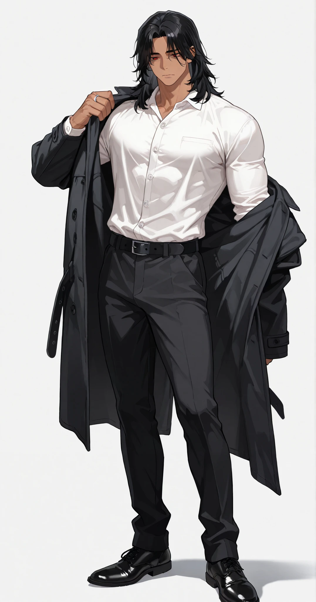 1 boy, fit, handsome, wavy black hair, middle part hair, wolfcut, medium length hair, middle part hair, defined red eyes, cold eyes, tan, sexy body, muscular body, big arms and legs, defined muscle, white polo, button up long sleeve polo, black coat, removing coat, silver ring, black pants, belt, standing, black high top leather shoes, full body, plain white background