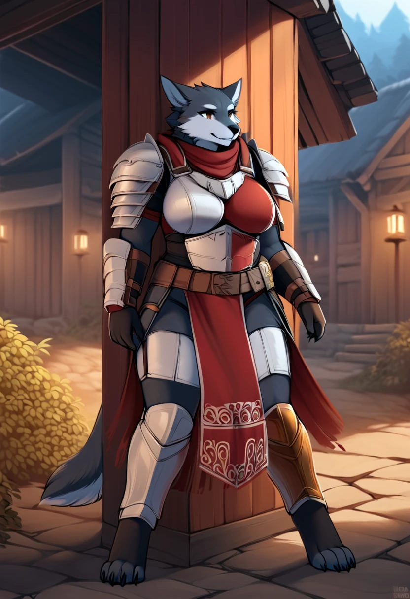 Chubby_muscular_timberwolf female gray_furry_body yellow_eyes thick_fur very_fluffy light_steel_armor steel_breastplate brown_tunic brown_gloves brown_corset brown_loincloth brown_pants traveling_cloak solo Masterpiece best_quality absurdres highly_detailed cleanly_drawn_eyes anthro_only smug_grin large_breasts by_claweddrip, by_greasymojo, by_underscore-b, by_runawaystride