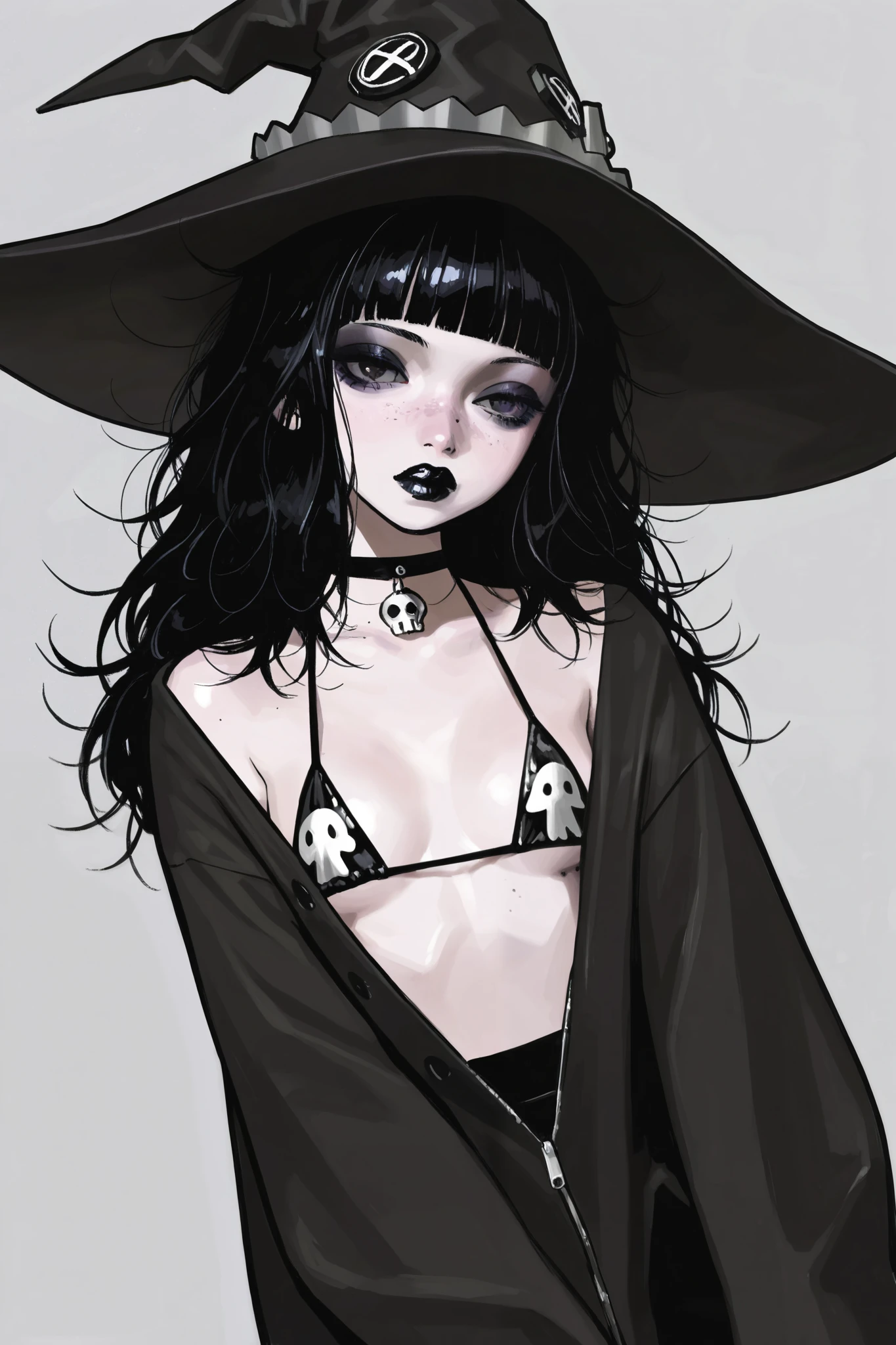 score_9, score_8_up, score_7_up, score_6_up, score_5_up, score_4_up,
(masterpiece: 1.0), best quality, perfect anatomy, perfect composition, perfection, 4k resolution, absurdres, very aesthetic, professional artwork, absolutely beautiful,
1girl, 18yo, youthful, , dark hair, medium hair, messy hair, cute goth girl, grey background, ASCII 1 girl, long smooth flat dark hair, cowprint micro bikini, gigqntic breasts, big lips, choker, goth make up, black lipstick, eyeliner, long hair, freckles, big black witch hat,