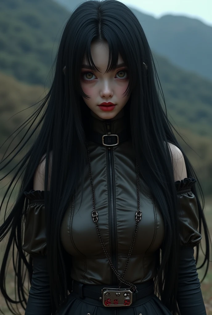 1girl, solo, emo, emo makeup , emo hair, black lips , long hair, eyeshadow, eyeliner, mascara, colored hair , black eyes, dark eyes , emo clothing, outdoors , highly detailed portrait , leaning forward , downblouse, large breasts, full body view, beautiful, smile, beauiful black eyes