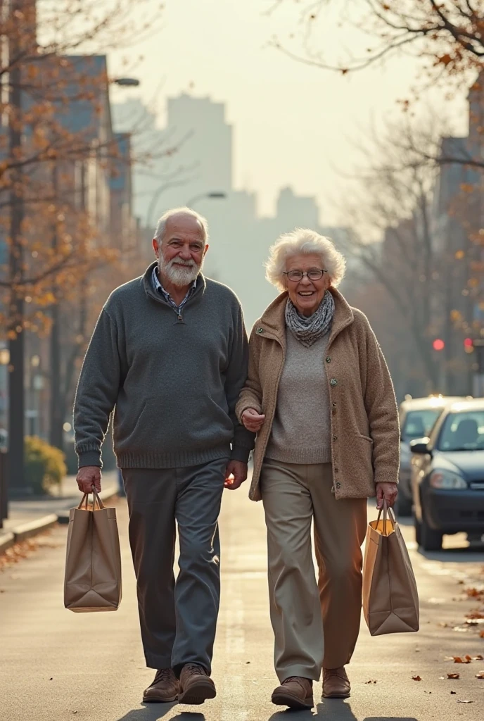 Old couple in casual clothes,The two held hands,Woman leads the puppy,full bodyesbian,White hair,Wrinkles on the face,80-year-old,walking at the park