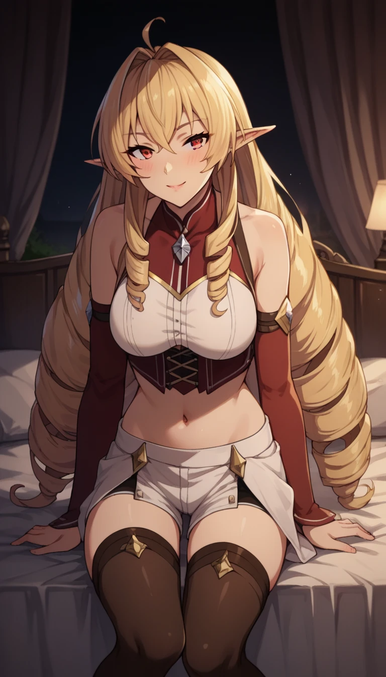 score_9, score_8_up, score_7_up, source_anime, elinalisedragonroad, 1girl, mature female, elinalise dragonroad, long hair, blonde hair, very long hair, ahoge, pointy ears, drill hair, red eyes, brown+red thighhighs, navel, white detached sleeves, shorts, midriff, skirt, white skirt, miniskirt, bare shoulders, inside tent, tent interior, laying on side, looking at viewer, naughty face, ass focus, grabbing own ass, spreading cheeks,