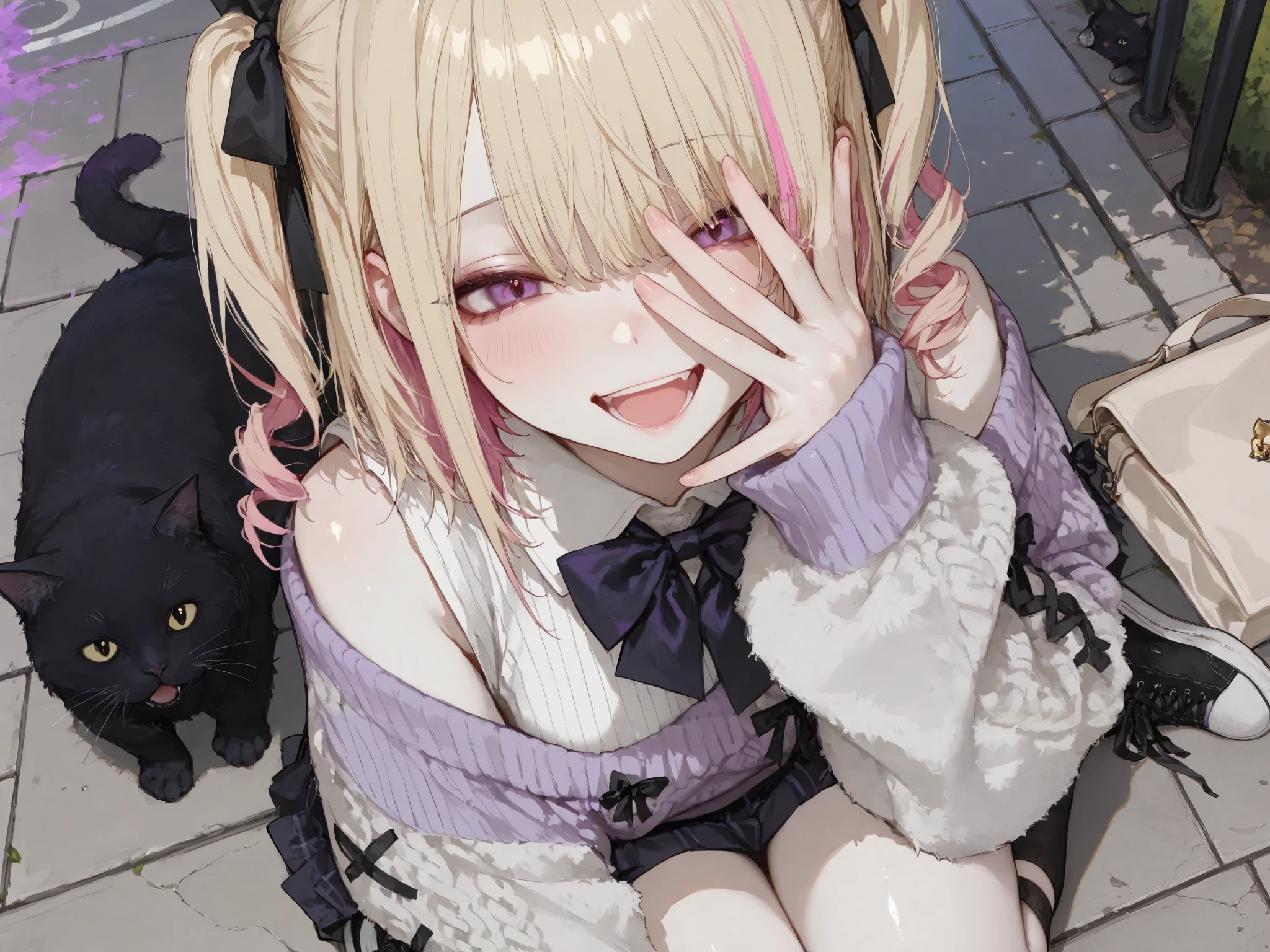 masterpiece, best quality, ultra-detailed,r17329_illu,usnr,luisap, General,xxx667_illu,dark gothic, visually striking Japanese gal,1girl\(happy smiling,open mouth,hairstyle\((Smooth multi-colored twin tails,blonde color and purple color with pink highlights,Right-swept bang),The ends of the hair have soft curls, and the texture is rendered with detailed, ultra-realistic precision\),covering face both hand,happy smile,Transparent white skin\), stylish and confident girl strikes a bold pose, outtfit\(oversized knit sweater with black and white horizontal stripes forms the centerpiece of this casual outfit. The sweater features distressed texture with slightly frayed edges and dropped shoulders, emphasizing its loose and cozy fit. It is paired with light gray sweatpants in relaxed fit, completing a comfortable and laid-back look\), The outfit is accessorized with large beige tote bag featuring, picture of a black-cat\((Human-like giant fat cat:1.2), crystal,realistic, fluffy and shiny fur, bow tie\),and casual sneakers add to the effortless vibe\),her posing on the sidewalk of a busy street in Japan,feel a bewitching and sexy atmosphere from her,photorealistic