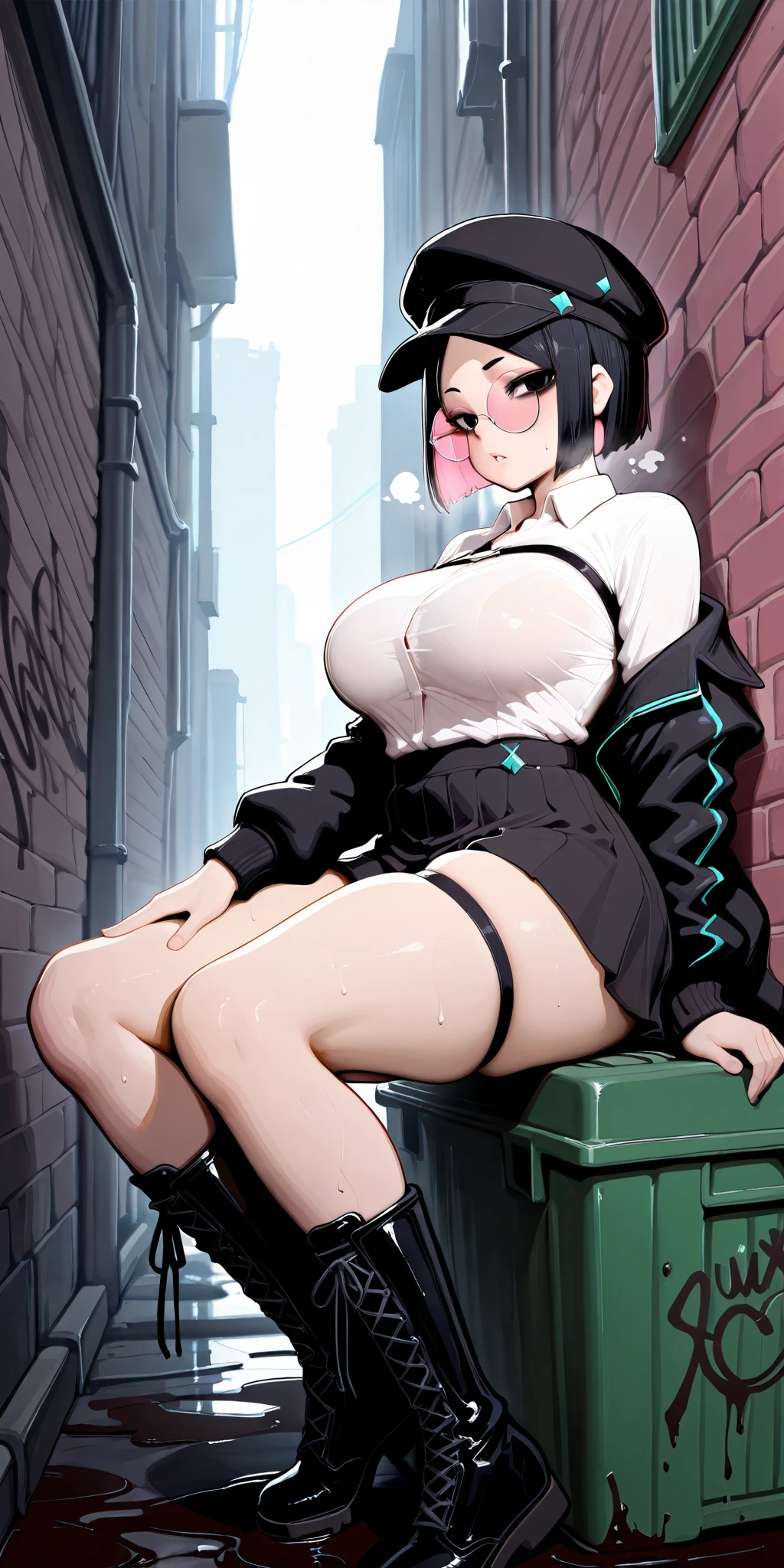 masterpiece, best quality, ultra high res, ultra-detailed, beautiful face, outside a parking, night, beautiful night city landscape, 1 girl, slut, black hair, teal eyes, hairband, glasses, red gloss lipstick, black eyeliner, hairy pubic hair, (gigantic tits and giant cleavage: 1.5), soggy, (open leather black jacket, no bra, red straight mini skirt, black fishnet tights, black boots: 1.2), horny, sexy, wet body, (an innocent looking girl is sitting and spreading wide open her legs on a bench while squirting lots of love juice from her exposed pussy and having a very embarassed face and innocent smile: 1.6)