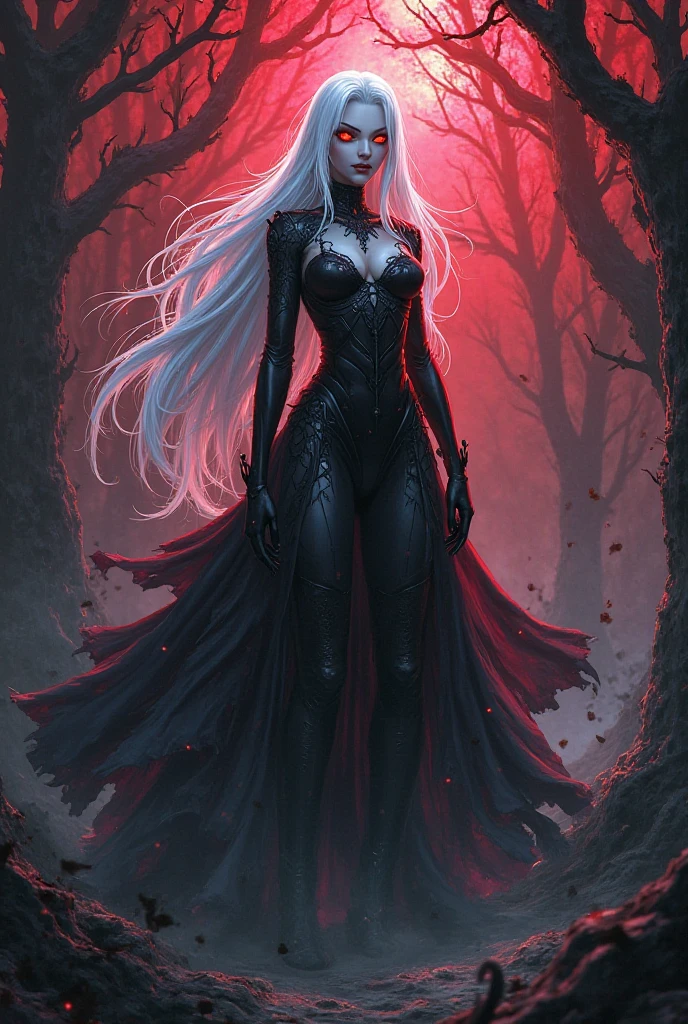 a picture of an exquisite beautiful female human spider anymorph standing under the starry night sky at the dark forest, full body(ultra detailed, Masterpiece, best quality), ultra detailed face (ultra detailed, Masterpiece, best quality), ultra feminine, red skin,  black hair, wavy hair, dynamic eyes color, yellow glowing eyes, intense eyes, red lips,  wearing white dress, dark elegant style dress (ultra detailed, Masterpiece, best quality), black and red spider lower body (ultra detailed, Masterpiece, best quality), red veins, spider abdomen and spider legs,  sky full of stars background, moon, best details, best quality, 16K, [ultra detailed], masterpiece, best quality, (ultra detailed), full body, ultra wide shot, photorealism, dark fantasy art, gothic art Larry Elmore style,