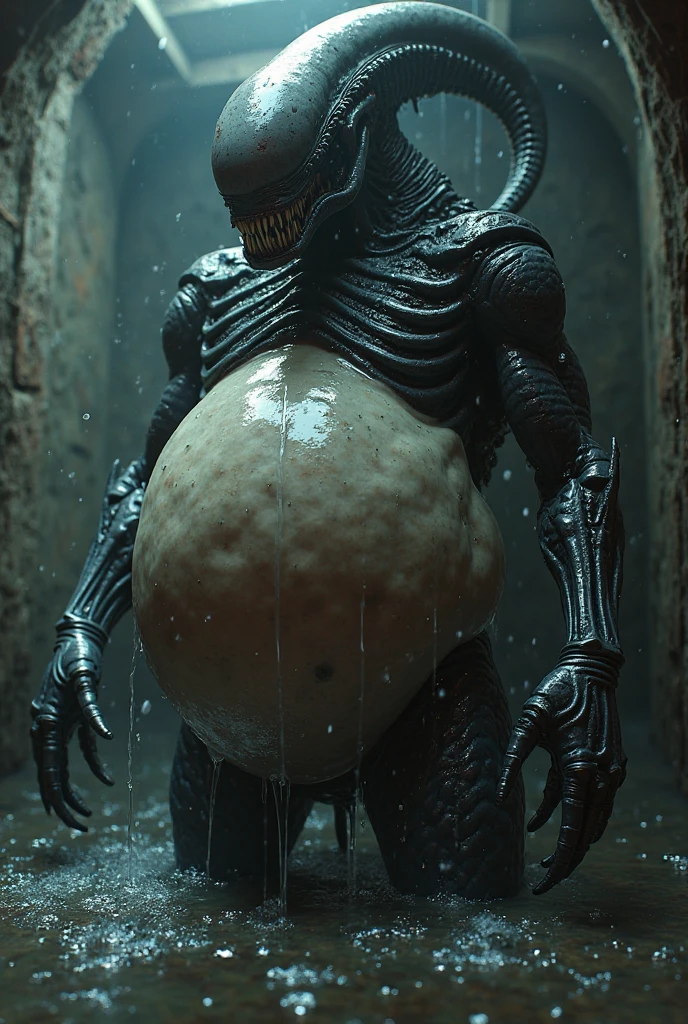 An alien "gray", erected,  Big Stomach, ultra detailed, belly more bulging at the bottom