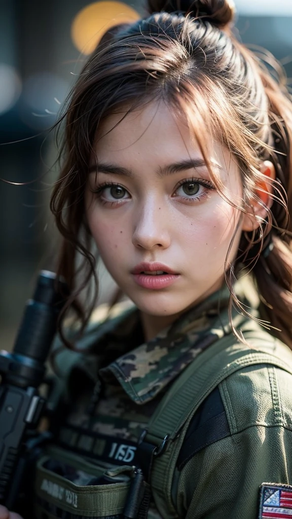 holding a rifle and radio staring at the audience,jungle、mechanized Soldier Girl, Future Battle Gear , Realistic Soldier , Cinematic — ar 16 :9, Keep PDW, wearing tactical armor, Heavily armed, ry Girl, Camouflage Gear , Airsoft Gun CQB, Realistic Military Gear , Soldier Girl, military girl , Beautiful female soldier