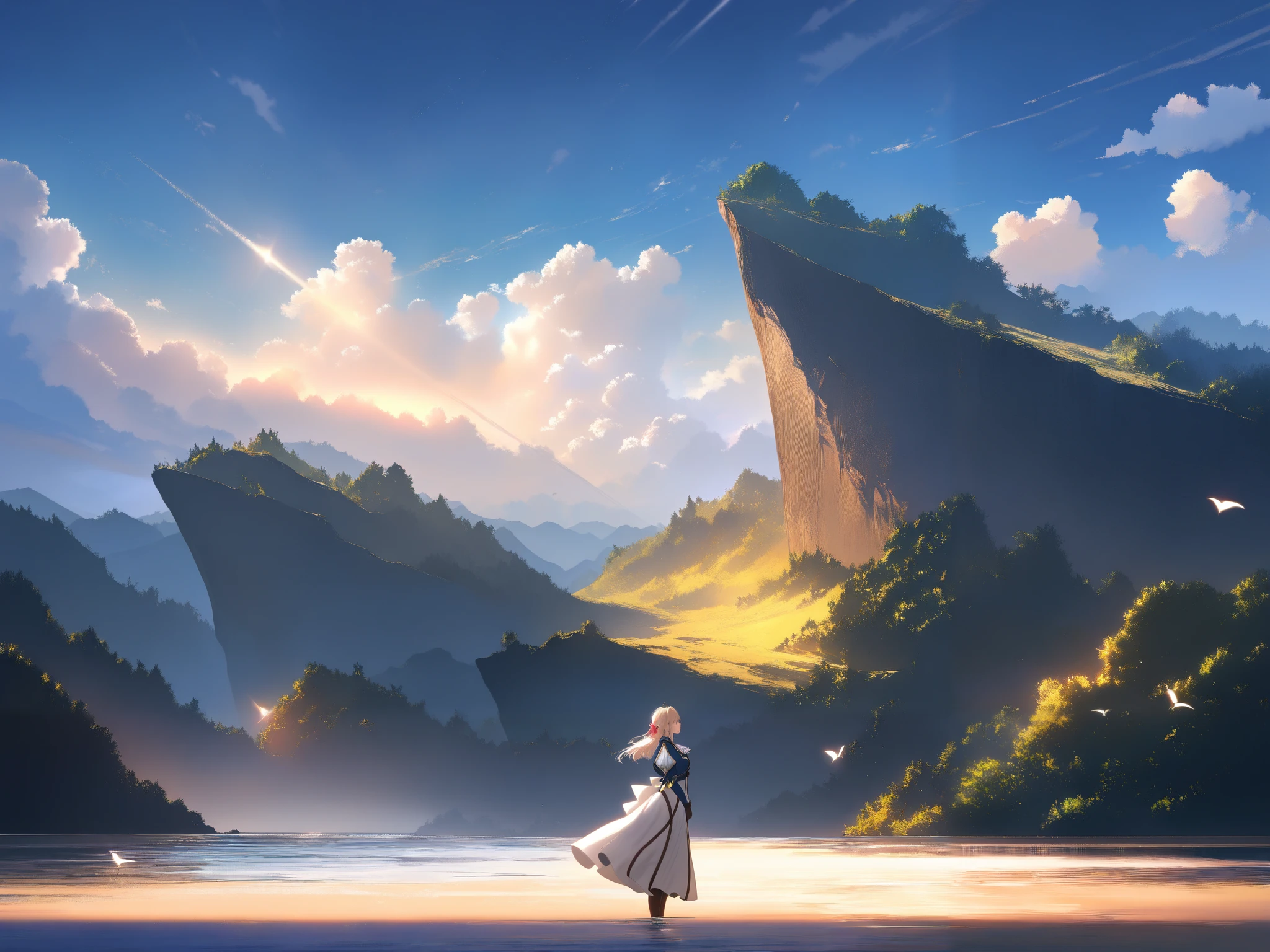 anime style, 1girl, character Violet Evergarden, from Violet Evergarden, (wind), stonewall, ocean background, cowboy shot, from side, depth of field, masterpiece, high score, great score, absurdres
