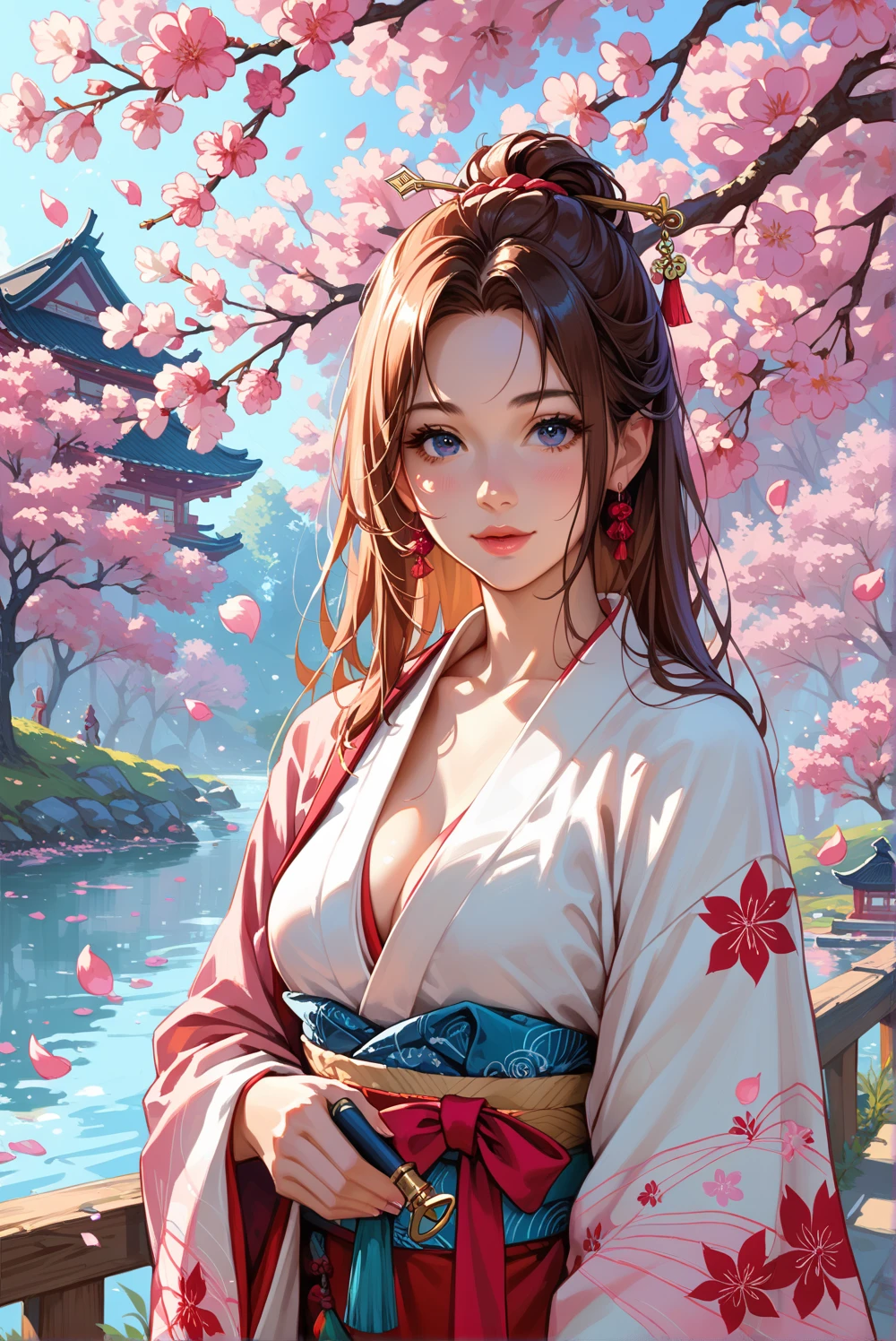 Asuna, masterpiece, Highest quality, detailed, (One person), alone, detailed golden eyes, Long Hair, Are standing, Close to the audience, (detailed kimono), A light smile, Medium chest, (Put your arms behind your back), water, sunset, (hair ornaments), (Cherry blossoms bloom), Lake with snowy mountains in the background