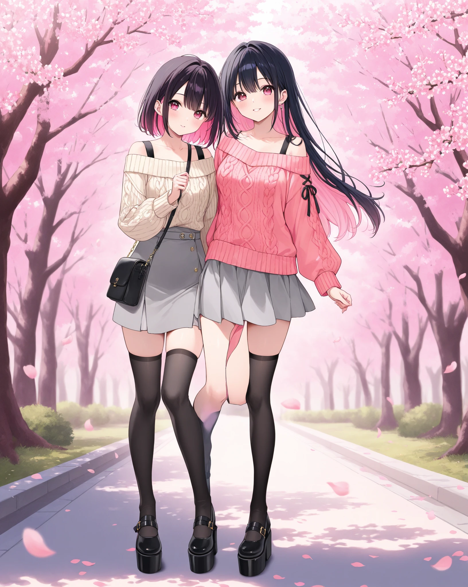 (masterpiece, best quality), best resolution, (2heads:1.5), 1girl, black short hair, glasses, smiling, holding a maple leaf, pink jacket, blue long pants, park, autumn leaves