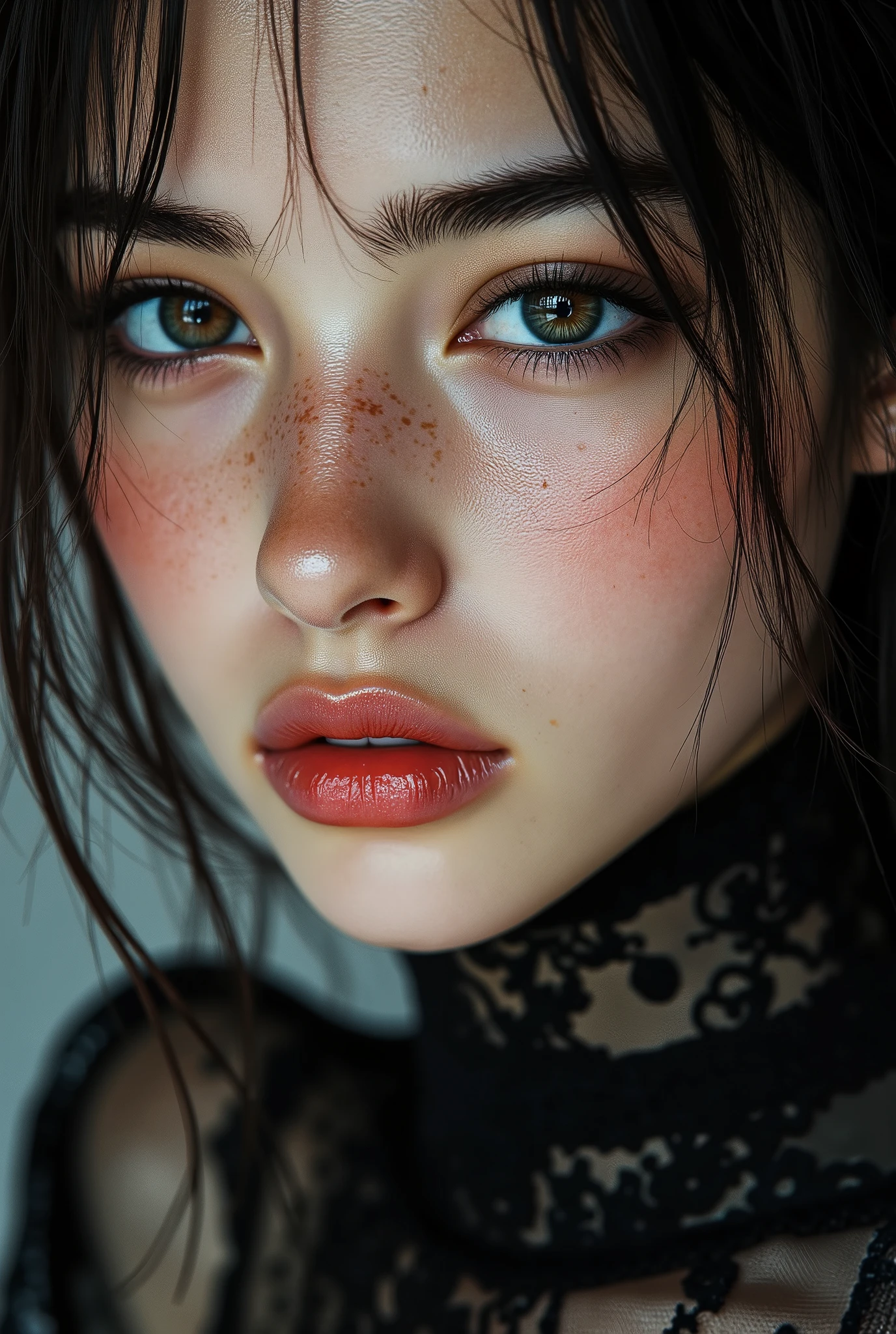 (Photorealistic realism 16K quality), ((ultra insanel quality, professional digital art)), ((focus on extremely Realistic Proportion Body, Anatomically Correct:1.2)), Beautiful Girl, ultra details, UHD, (photorealistic Realism 16K Quality), ultra-detailed, UHD, (ultra absurd quality, extremely detailed detail, hyper resolution, clear sharp focus, not blurry, Realistic brown_eyes:1.35), (perfect dark_eyeshadows),((close-up of here face:1.25)),Depth of field, cinematic light, Lens flare, dslr, best high quality soft lighting, sharp focus captured by Fujifilm XT3, f 5.6, in a dramatic lighting, ((view the viewer:1.3)), (extremely beautiful face, beautiful lips, beautiful eyes), intricate detail face, ((ultra detailed skin)), 1girl, in the dark, deep shadow, Very stretchy, (loose pants: 1.3), without bikini, ((white, (translucent), airy pants)), (Top with a deep neckline),(firm and full breasts:1.33), connected with ((o-ring: 1.41)), (Glamour, paparazzi taking pictures of her), ((High Contrast)), long legs, medium ass, ((layer cut: 1.3)), ((no_Panties)), ((Whitens skin, slim face)), slim belly: 1.2, (well-muscled body:1.32), The attention to detail, Double eyelids, (Erotic:1.3), satisfaction smile, gorgeous appearance, electrifying appearance, (Dynamic pose: 1.2), (((sharp focus))), ((very intricate detailed designs of high fashion hot outfit:1.4)),
