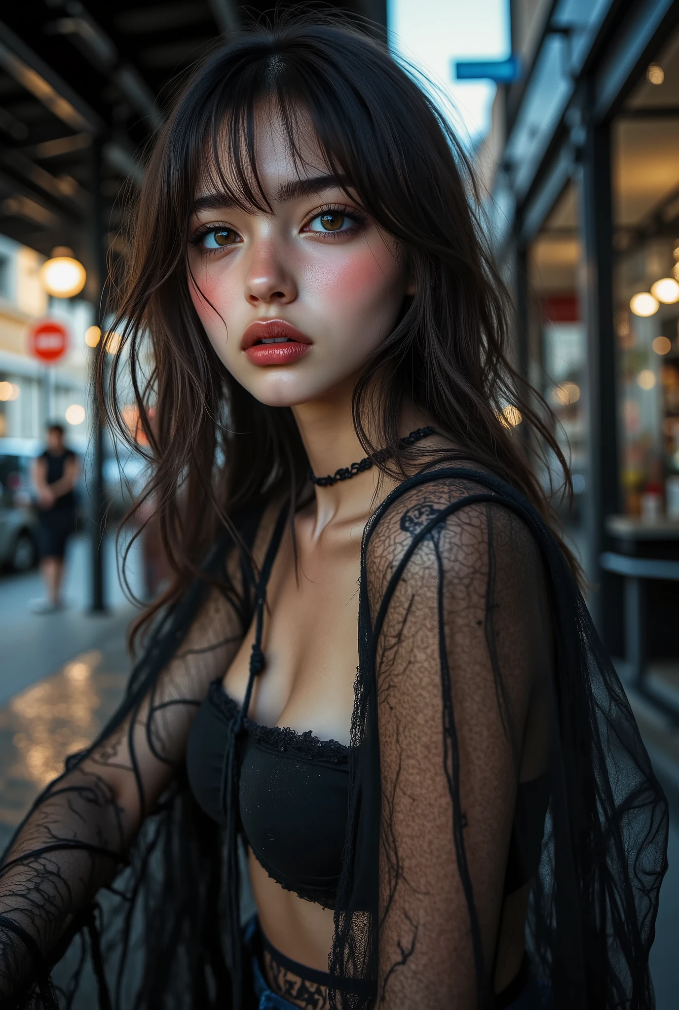 (Photorealistic realism 16K quality), ((ultra insanel quality, professional digital art)), ((focus on extremely Realistic Proportion Body, Anatomically Correct:1.2)), Beautiful Girl, ultra details, UHD, (photorealistic Realism 16K Quality), ultra-detailed, UHD, (ultra absurd quality, extremely detailed detail, hyper resolution, clear sharp focus, not blurry, Realistic brown_eyes:1.35), (perfect dark_eyeshadows),((close-up of here face:1.25)),Depth of field, cinematic light, Lens flare, dslr, best high quality soft lighting, sharp focus captured by Fujifilm XT3, f 5.6, in a dramatic lighting, ((view the viewer:1.3)), (extremely beautiful face, beautiful lips, beautiful eyes), intricate detail face, ((ultra detailed skin)), 1girl, in the dark, deep shadow, Very stretchy, (loose pants: 1.3), without bikini, ((white, (translucent), airy pants)), (Top with a deep neckline),(firm and full breasts:1.33), connected with ((o-ring: 1.41)), (Glamour, paparazzi taking pictures of her), ((High Contrast)), long legs, medium ass, ((layer cut: 1.3)), ((no_Panties)), ((Whitens skin, slim face)), slim belly: 1.2, (well-muscled body:1.32), The attention to detail, Double eyelids, (Erotic:1.3), satisfaction smile, gorgeous appearance, electrifying appearance, (Dynamic pose: 1.2), (((sharp focus))), ((very intricate detailed designs of high fashion hot outfit:1.4)),